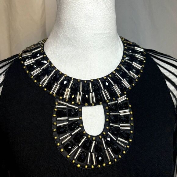 Belldini Jeweled Sheer Sleeve Pullover Blouse Womens Zip Linen Black Long Sleeve - Picture 4 of 8